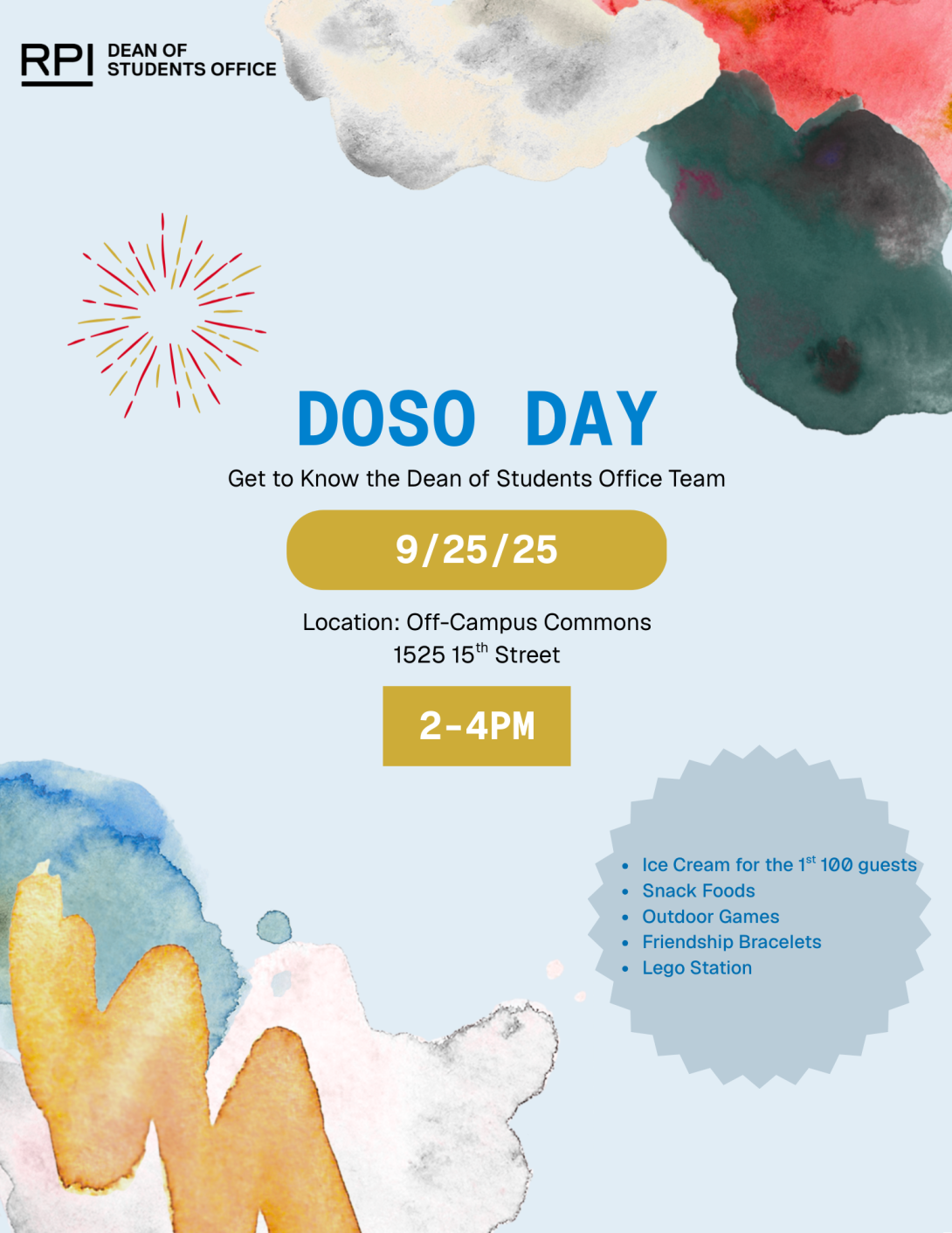 DOSO Day: Come Meet the Dean of Students Office staff and enjoy ice cream and activities on 9/25 from 2-4pm at the Off-Campus Commons (1525 15th Street)